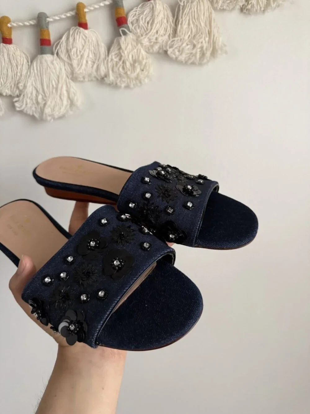 Kate Spade Alice Denim Sequin Flowers Slide Sandals Blue Glam Feminine Coquette